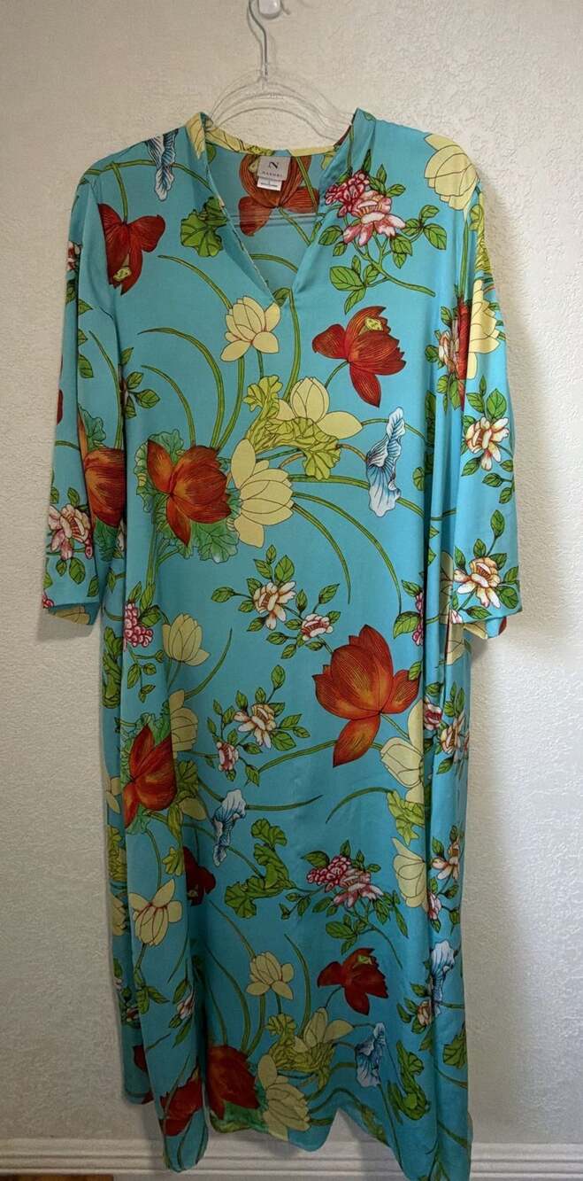 Natori Caftan Dress Size L Blue Floral Print Matte Satin Loungewear